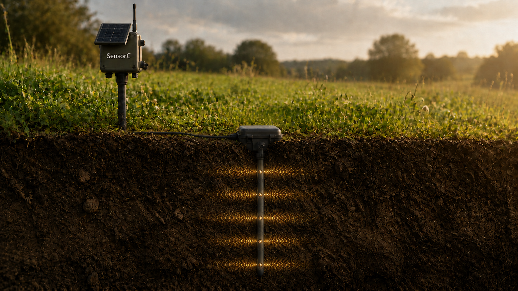 Conceptual SensorC field station with solar power, above-ground telemetry and a multi-depth soil probe sending golden electrochemical signals into the soil profile