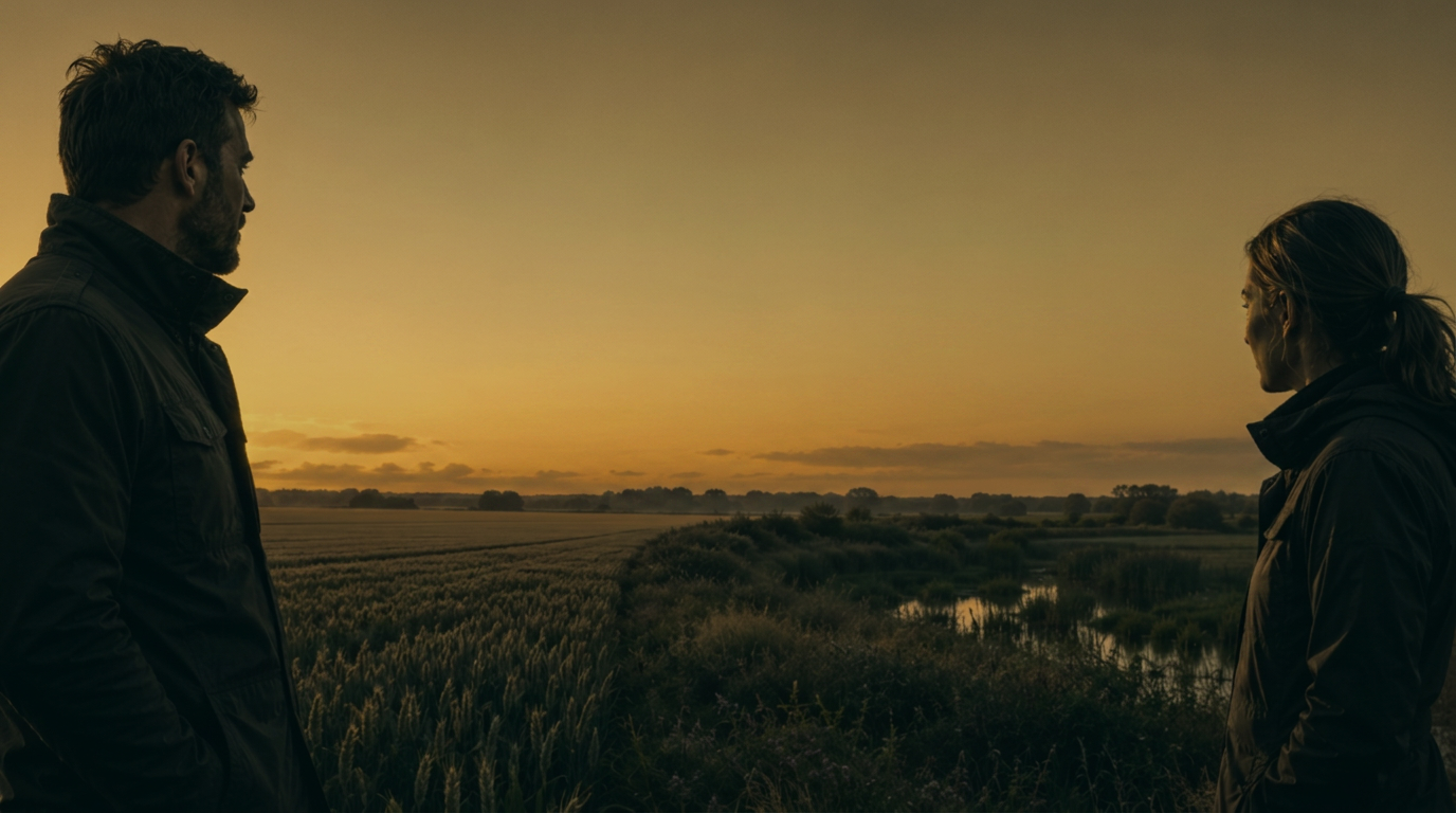 Two people looking out across farmland at a golden sunset
