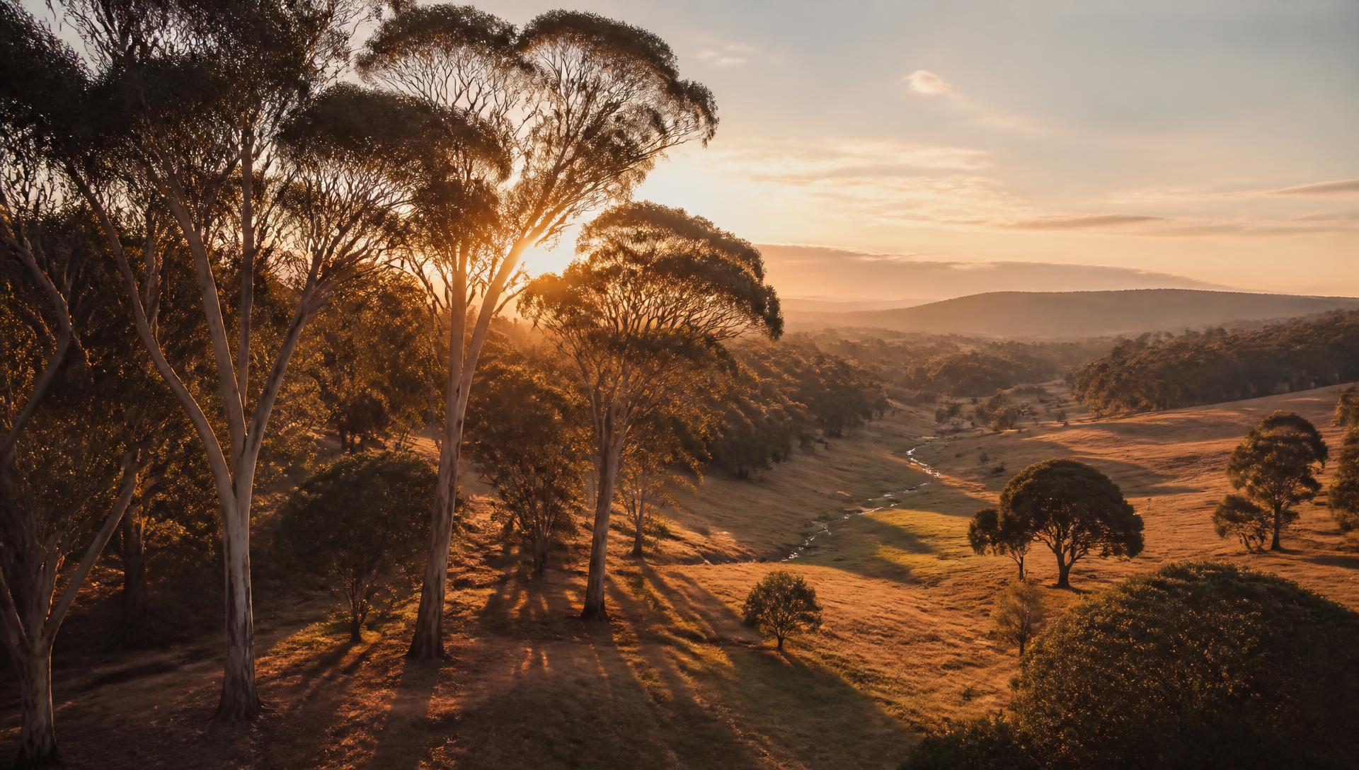 Australian eucalyptus trees at dawn across a golden valley