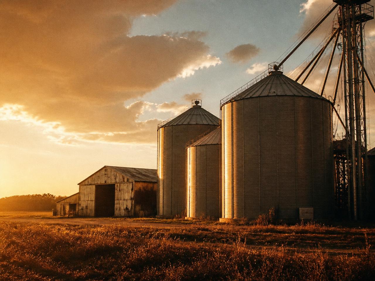Grain silos and farm sheds lit by low golden light