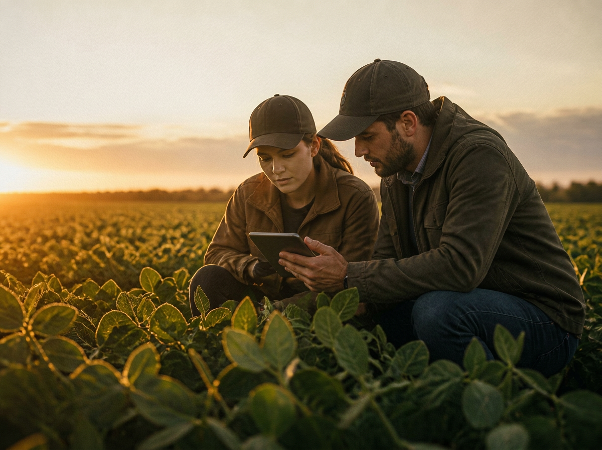 Two agronomists reviewing data on a tablet in a crop at sunset