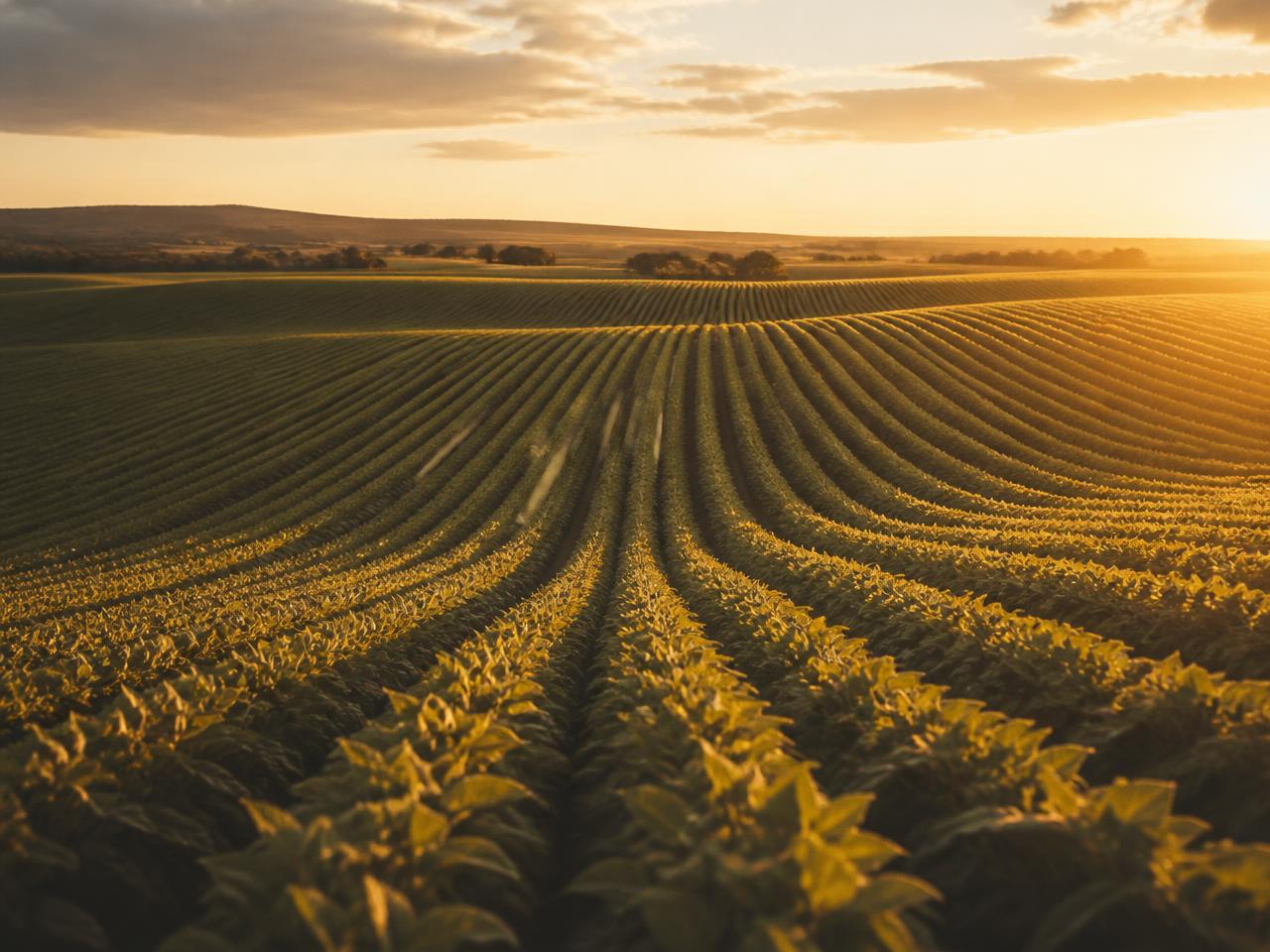 Contoured rows of a healthy broadacre crop at sunset