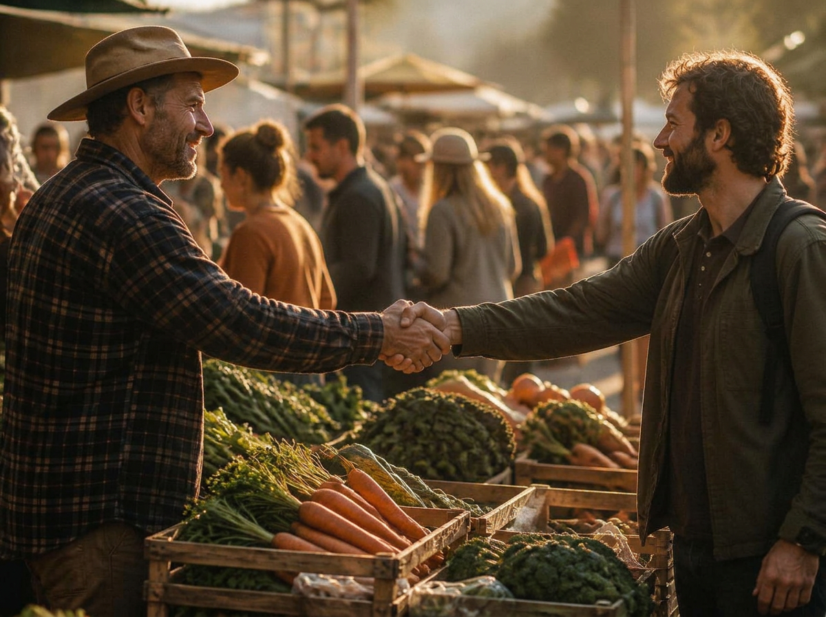 A handshake over crates of fresh produce at an outdoor market