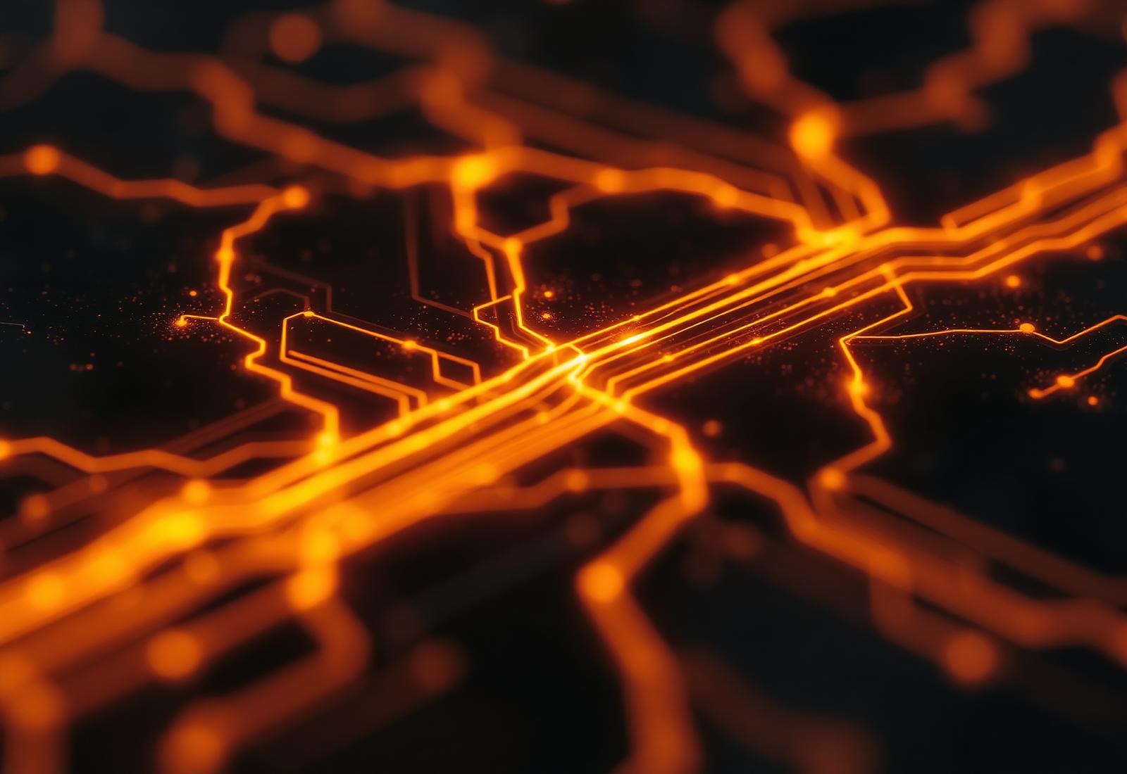 Abstract macro of glowing amber current traces across a dark substrate