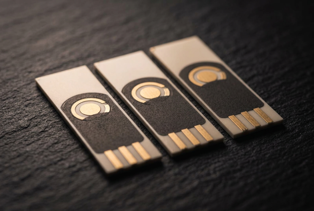 Macro view of a printed electrochemical sensor wafer with gold contact pads held in gloved fingers