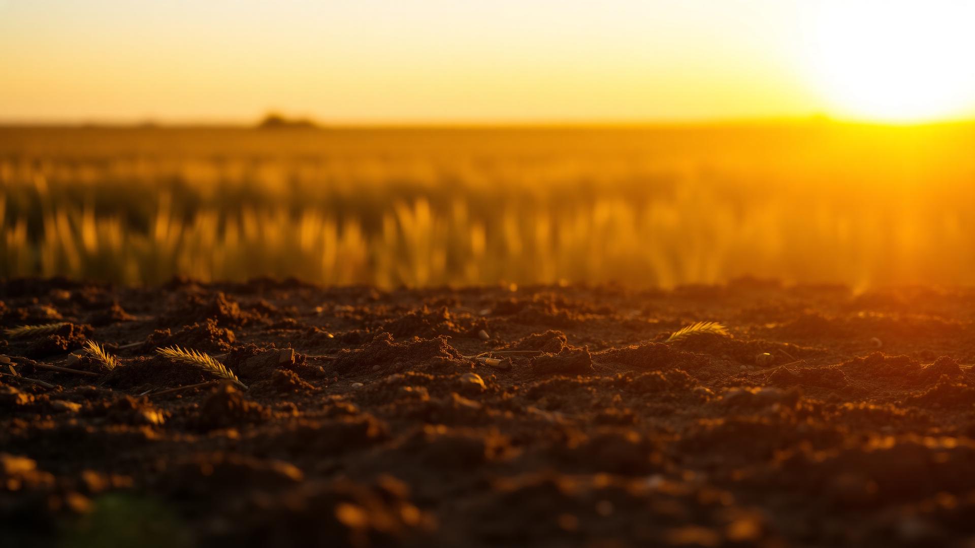 Tilled farmland soil at golden hour